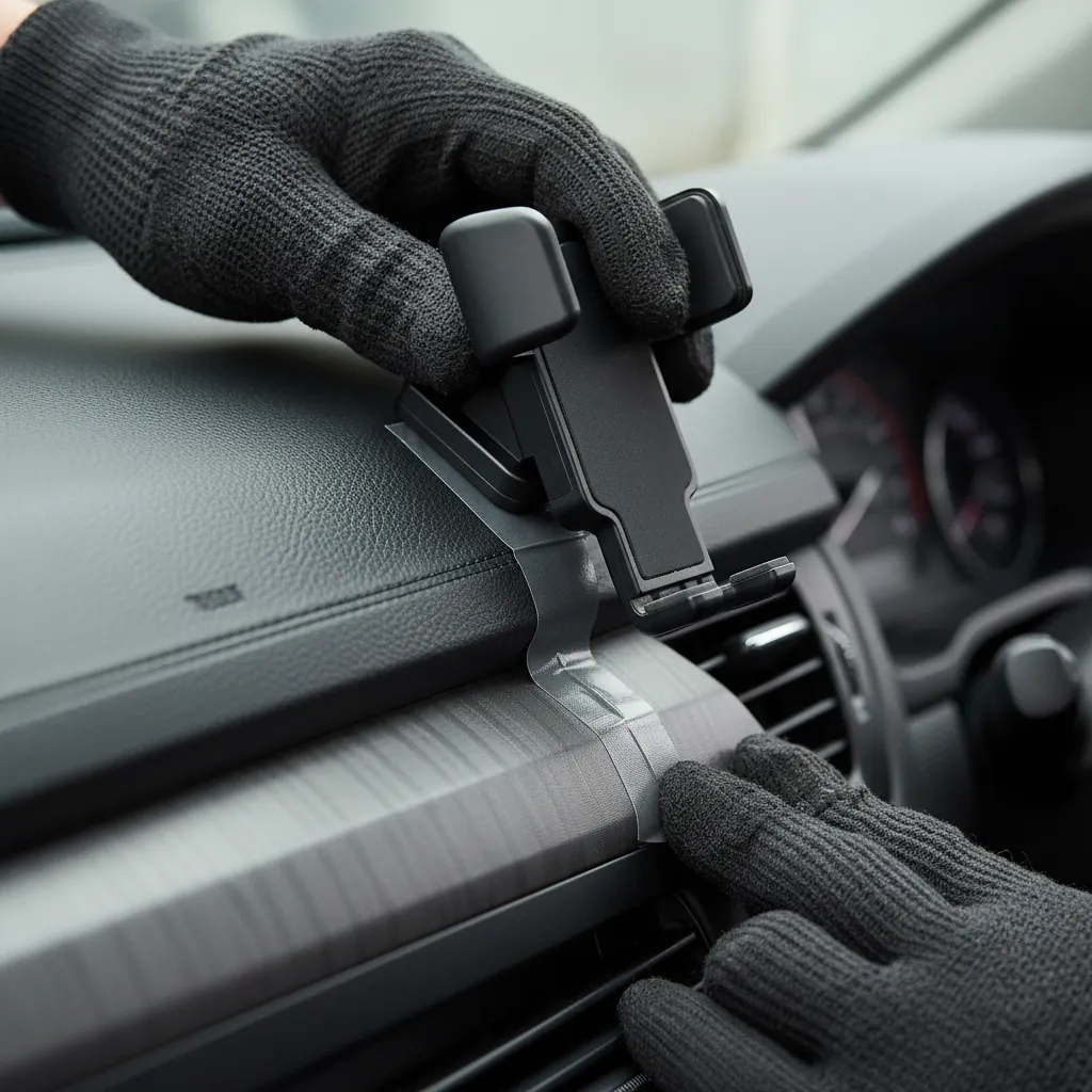 Close-up of dashboard accessory mounted using strong adhesive tape