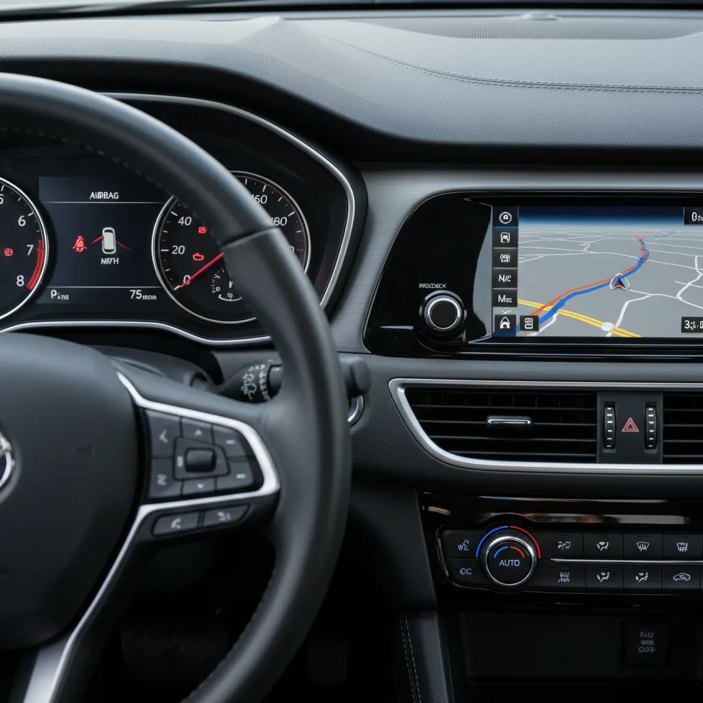 Car dashboard showing illuminated airbag warning light