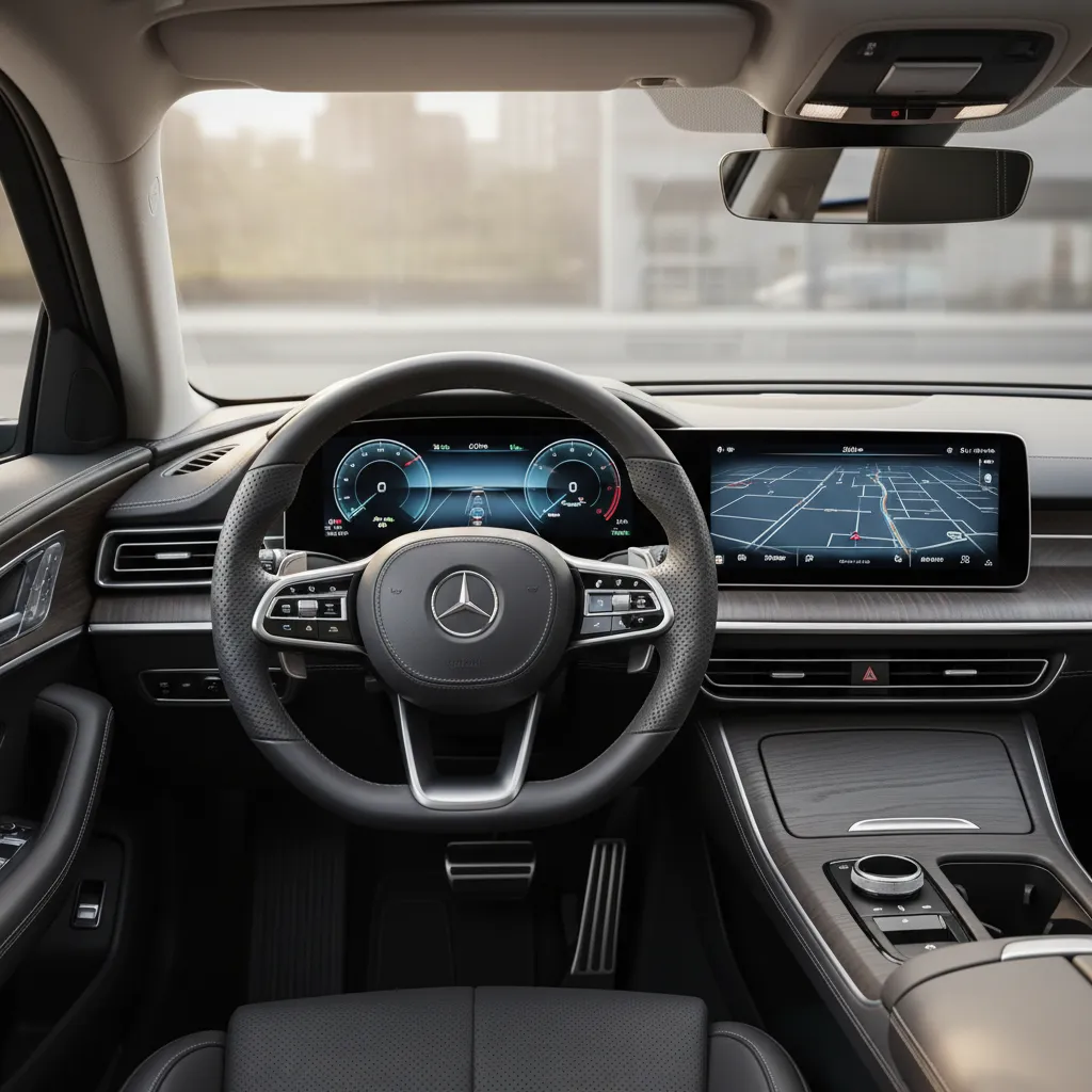 Modern car interior with luxury steering wheel digital dashboard screen and map on wood panel