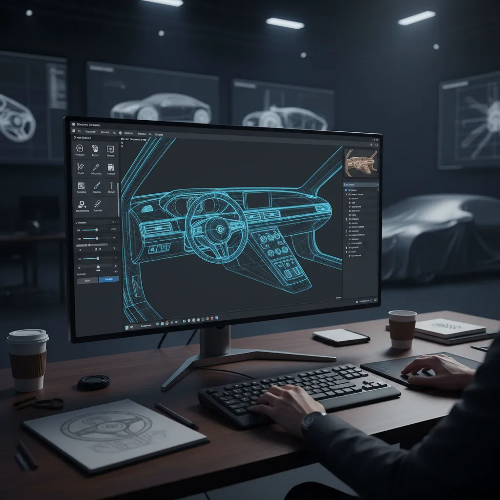 Designer using computer software to create a digital car interior model on large desk monitor