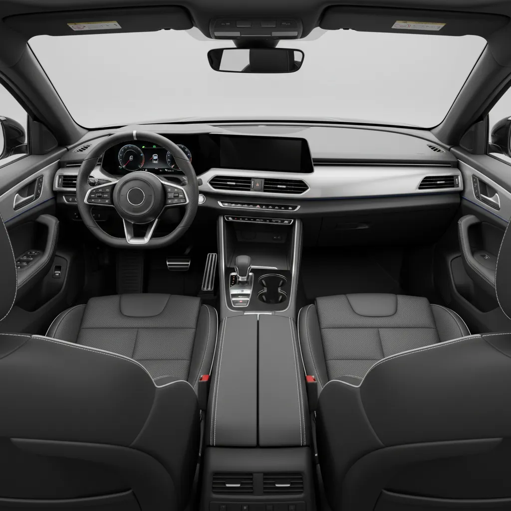 Modern car interior with black leather seats, a digital dashboard, steering wheel, and silver trim