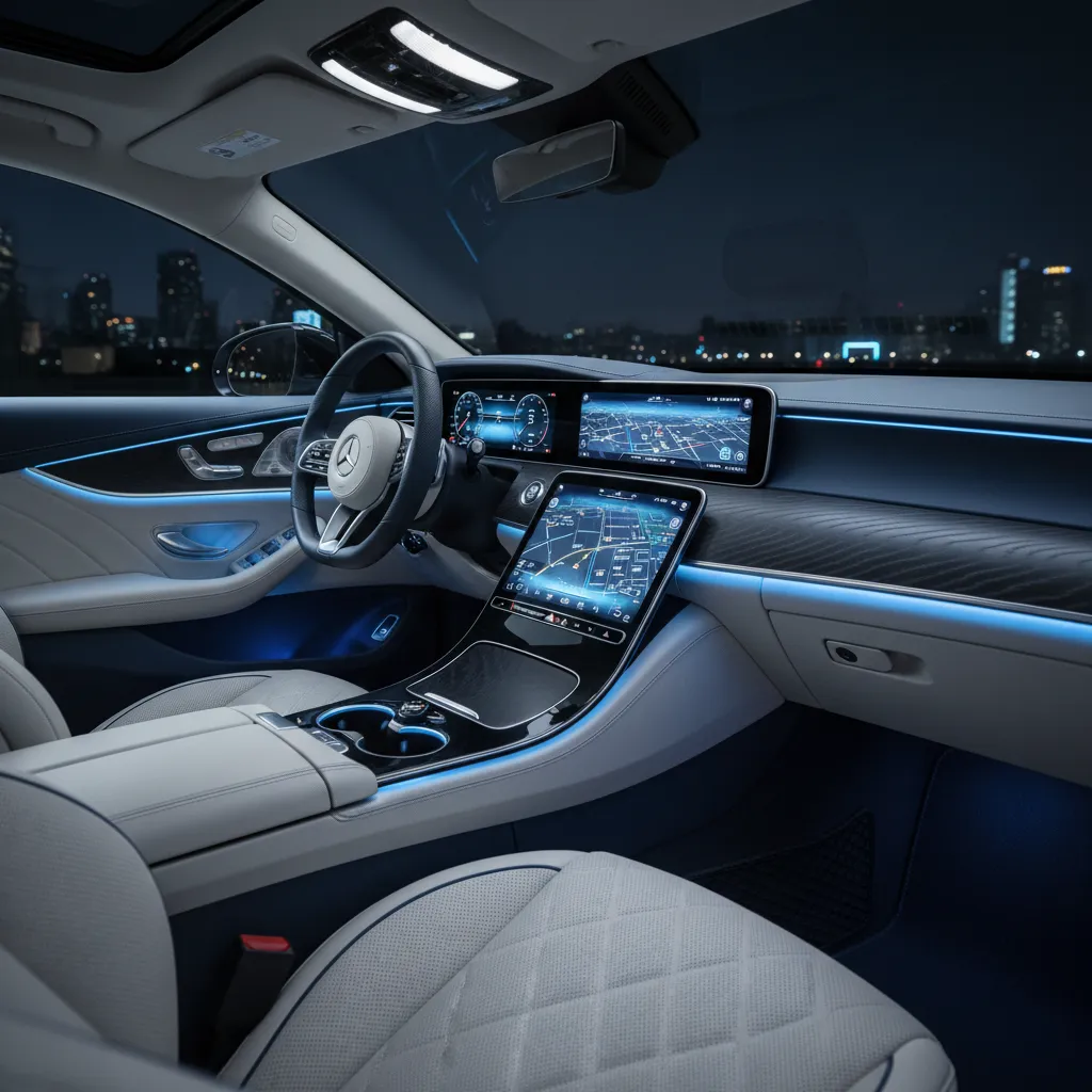 Iluminación ambiental azul dentro del interior de un coche moderno