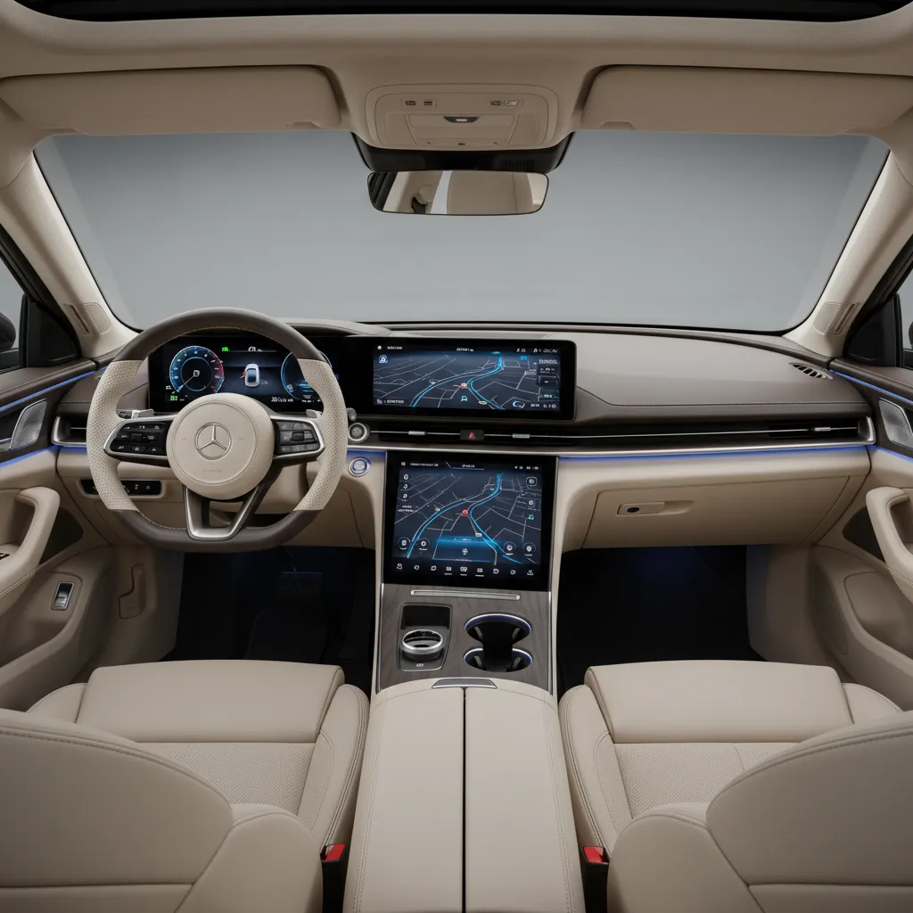 Tablero de coche moderno con pantalla central y controles ergonómicos