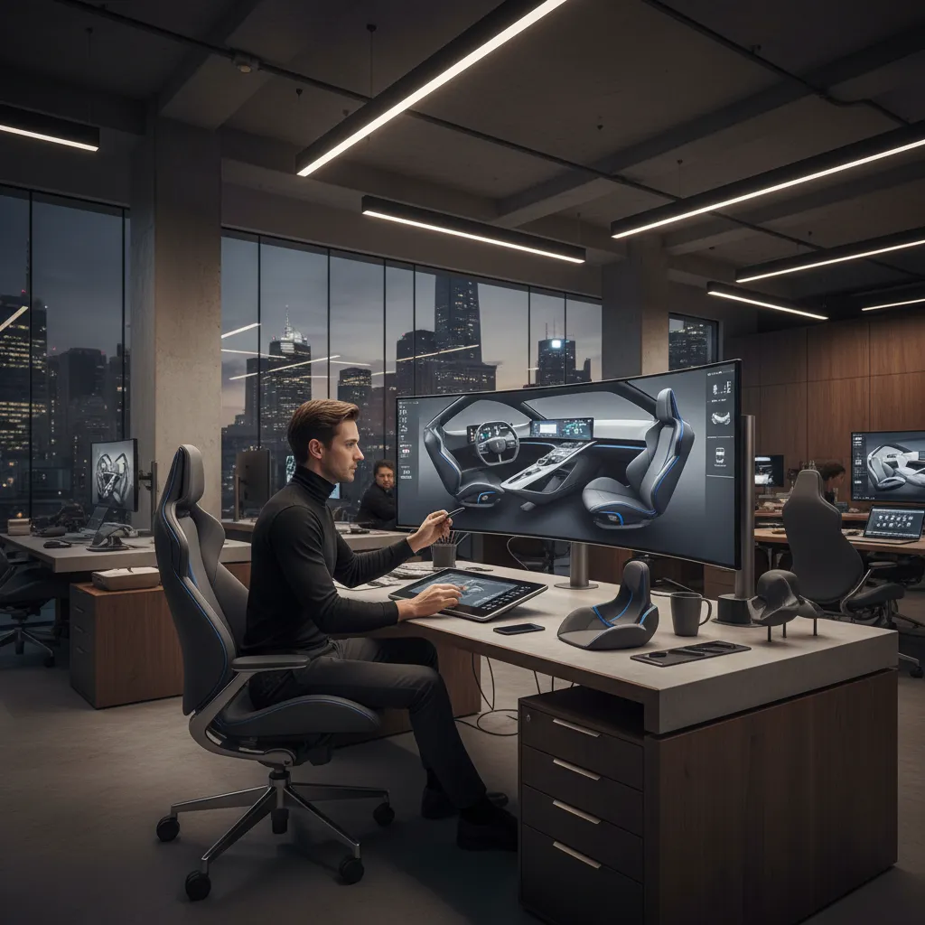 Designer using a large curved monitor to create car interior layouts in a modern office