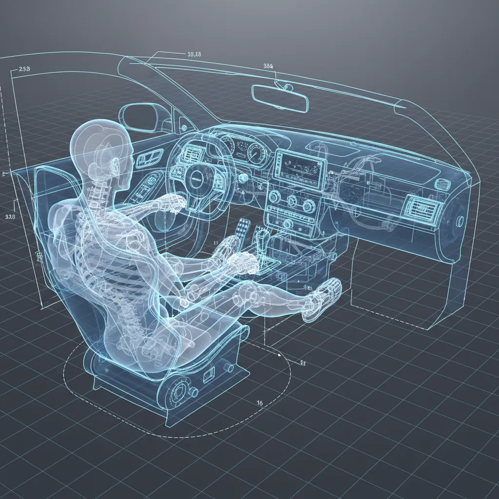 Diagrama ergonómico del interior de un automóvil con medidas del conductor