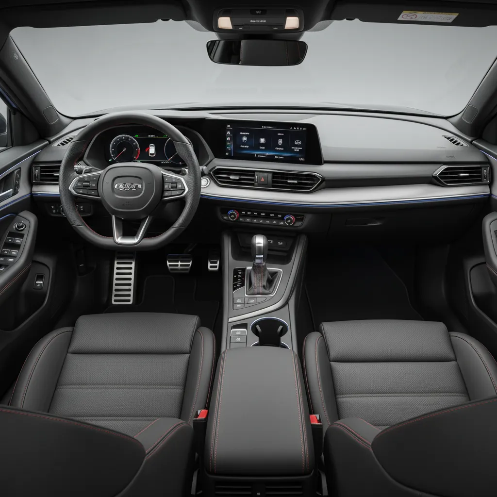 Comfortable car interior featuring black leather seats gear shifter and wide digital screen for driver