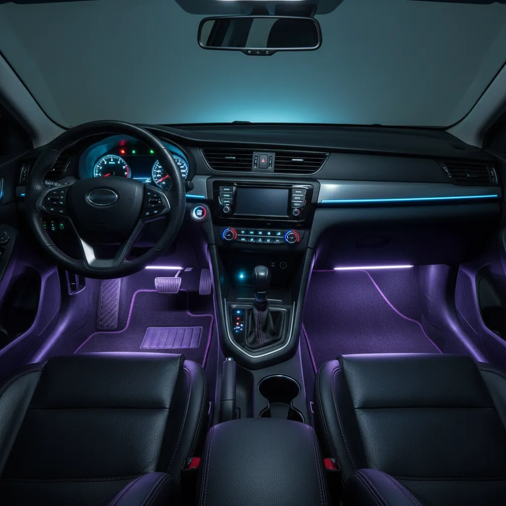Ambient LED lighting installed under dashboard and seats in a car interior