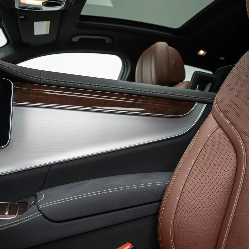 Close up of car door with brown leather wood trim brushed metal and a sunroof