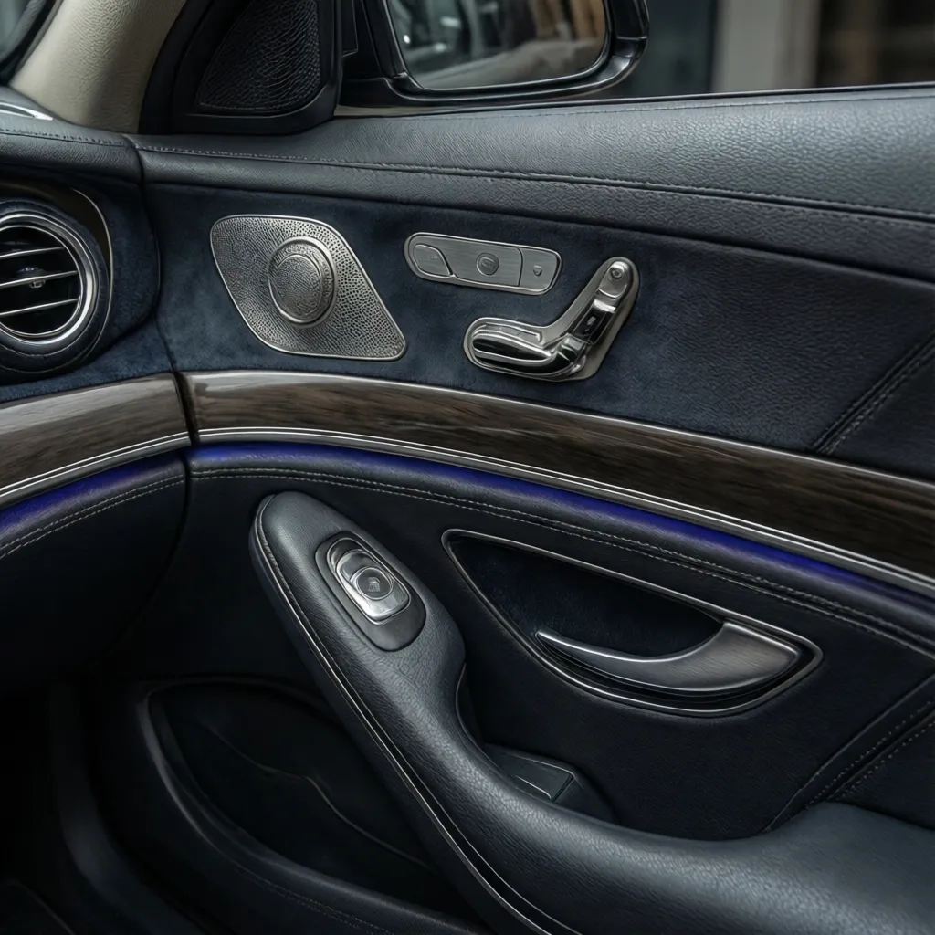 Detalle de materiales premium en interior de automóvil