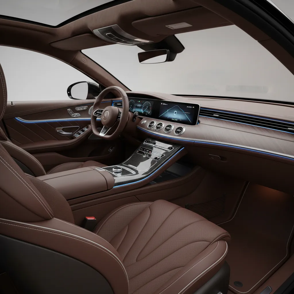 Brown leather car interior with a wood dashboard, digital screen, blue lights, and steering wheel
