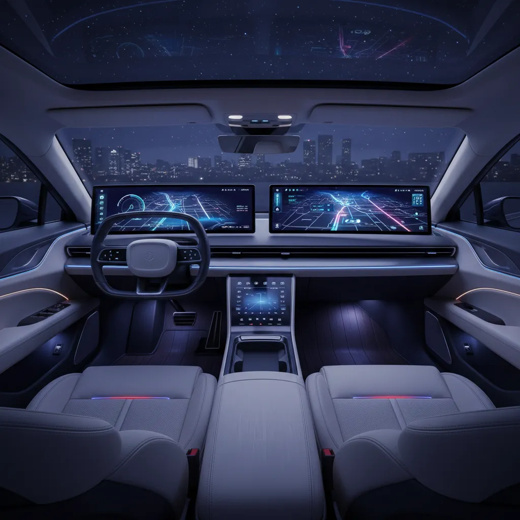 Interior de coche con múltiples pantallas digitales