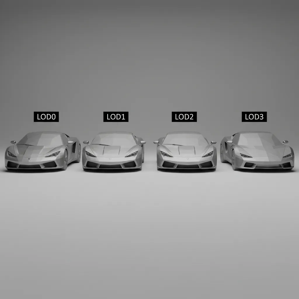 Multiple LOD levels of a car model used for game optimization
