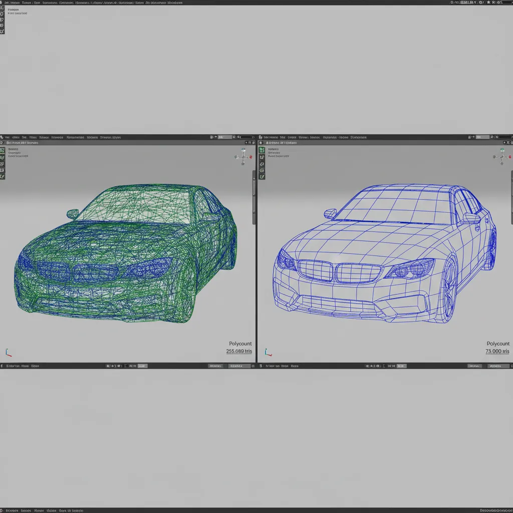 Wireframe comparison showing reduced polygon mesh for vehicle model