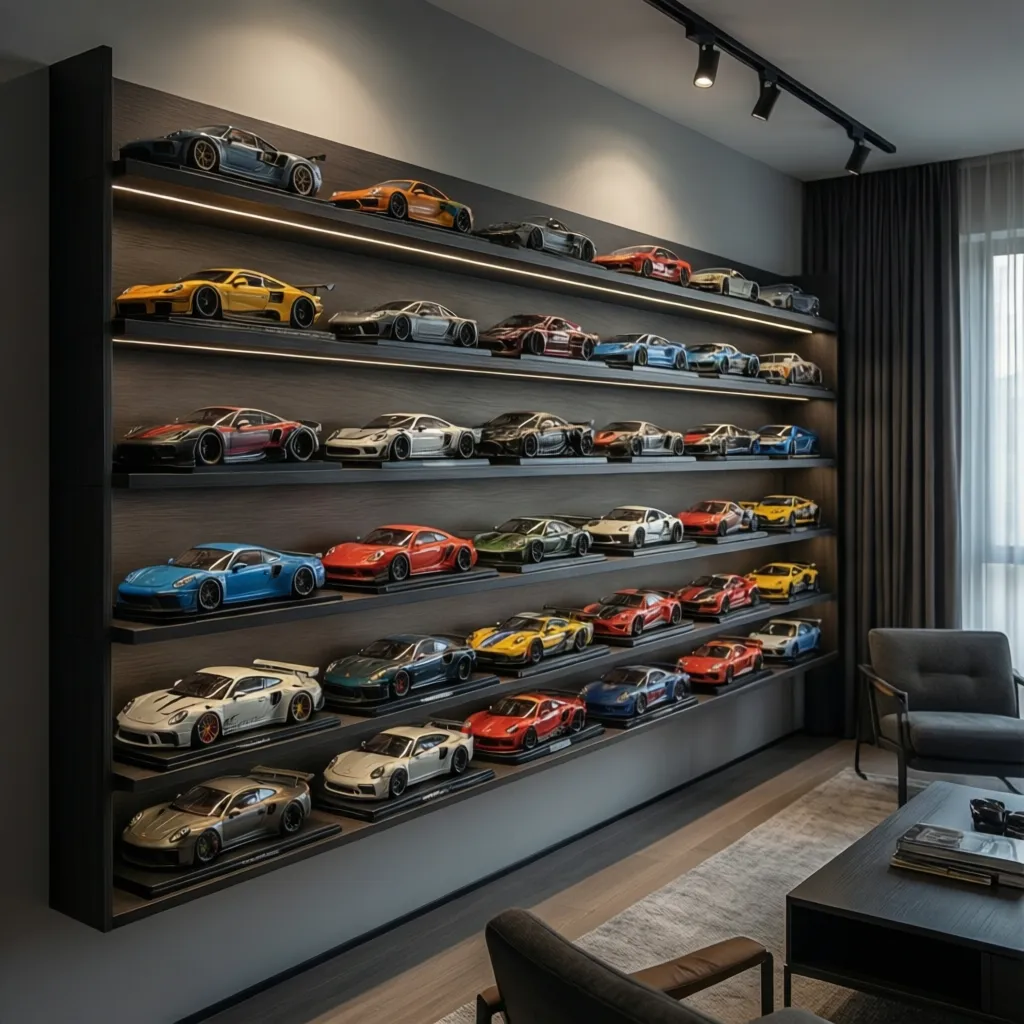 organized display shelf with die cast model cars in a themed room
