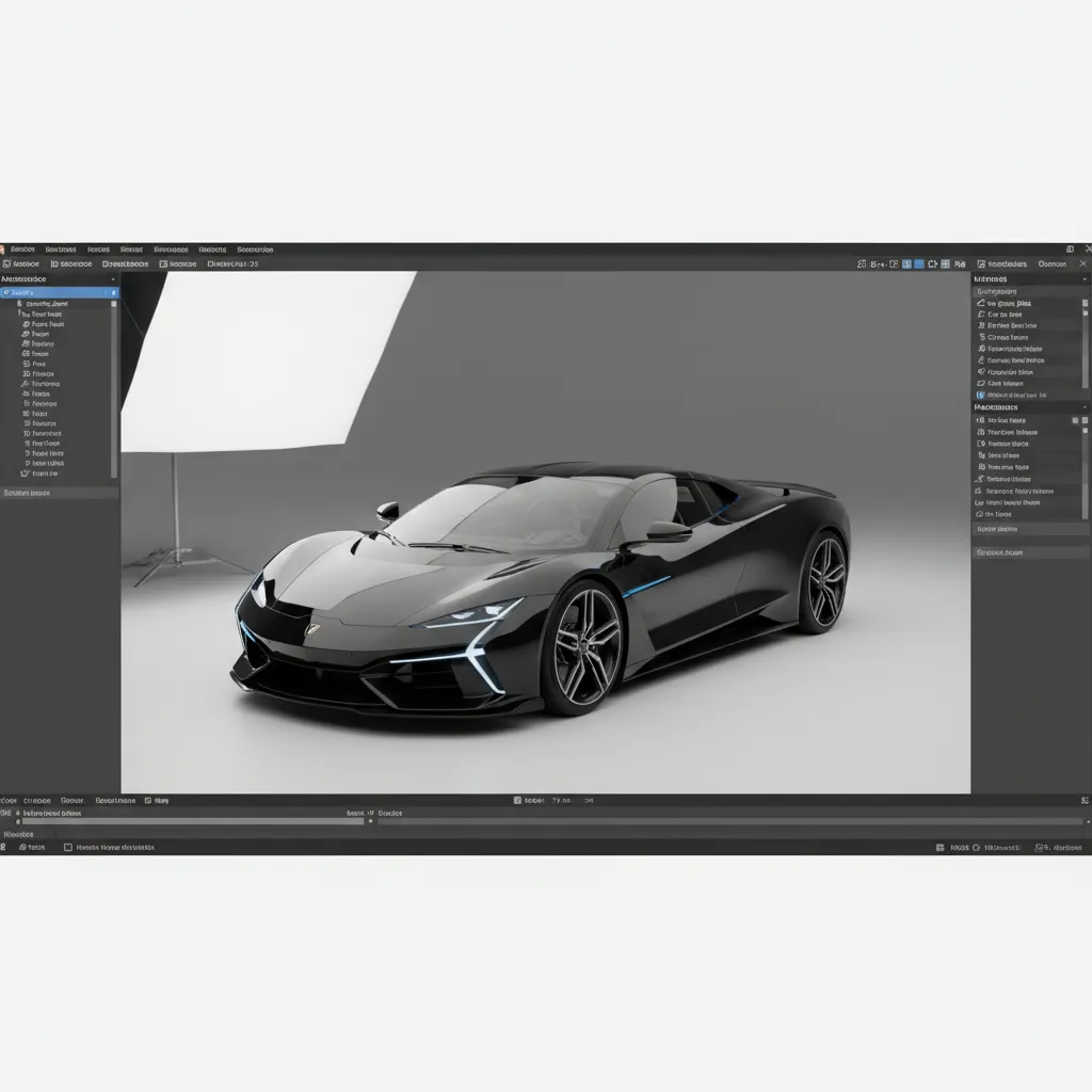car 3d model imported into a game engine viewport showing hierarchy and materials