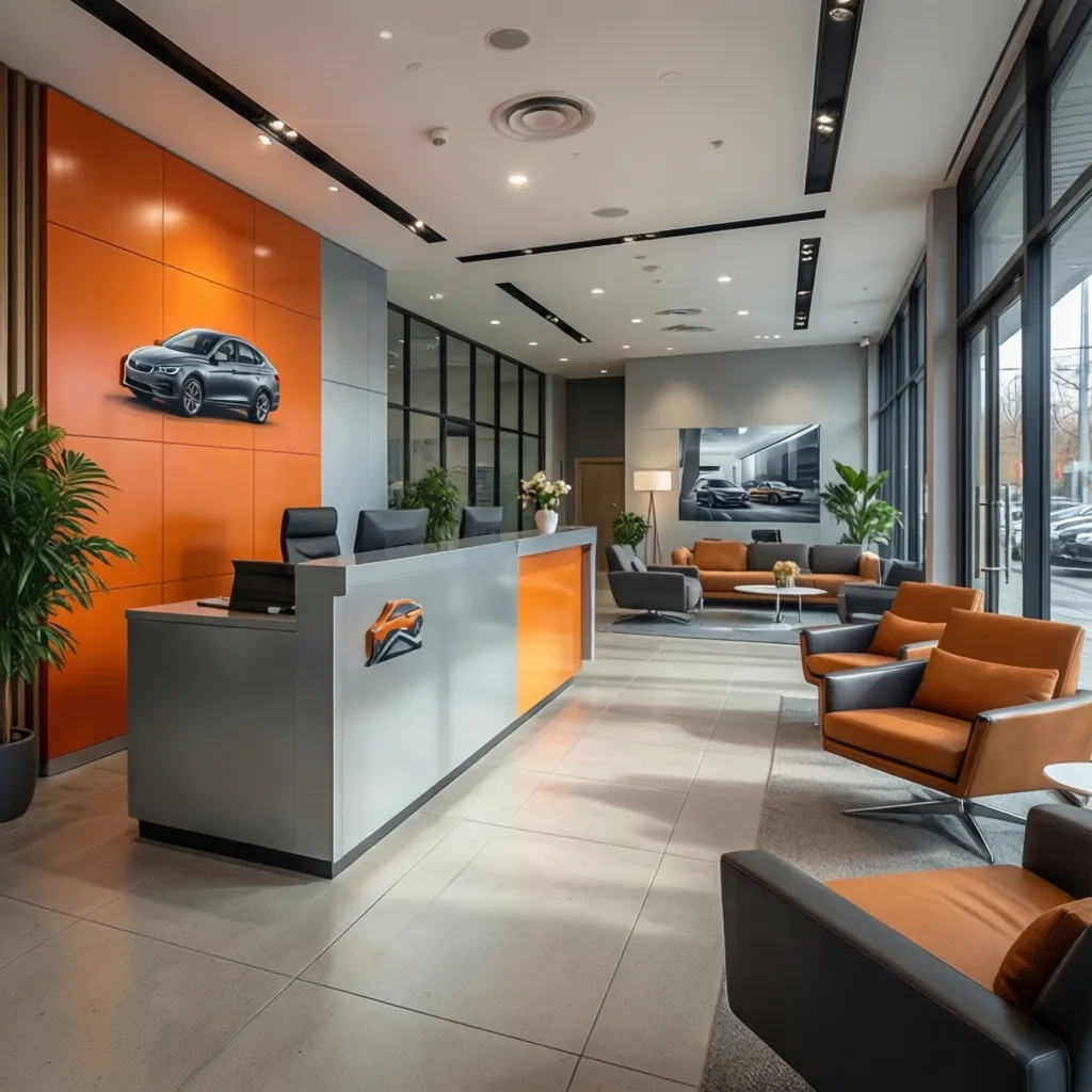 car rental office interior reflecting brand style with modern counters