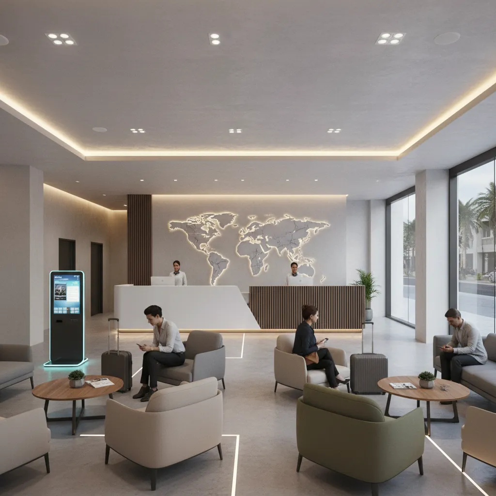 car rental office lounge waiting area with digital check in desk