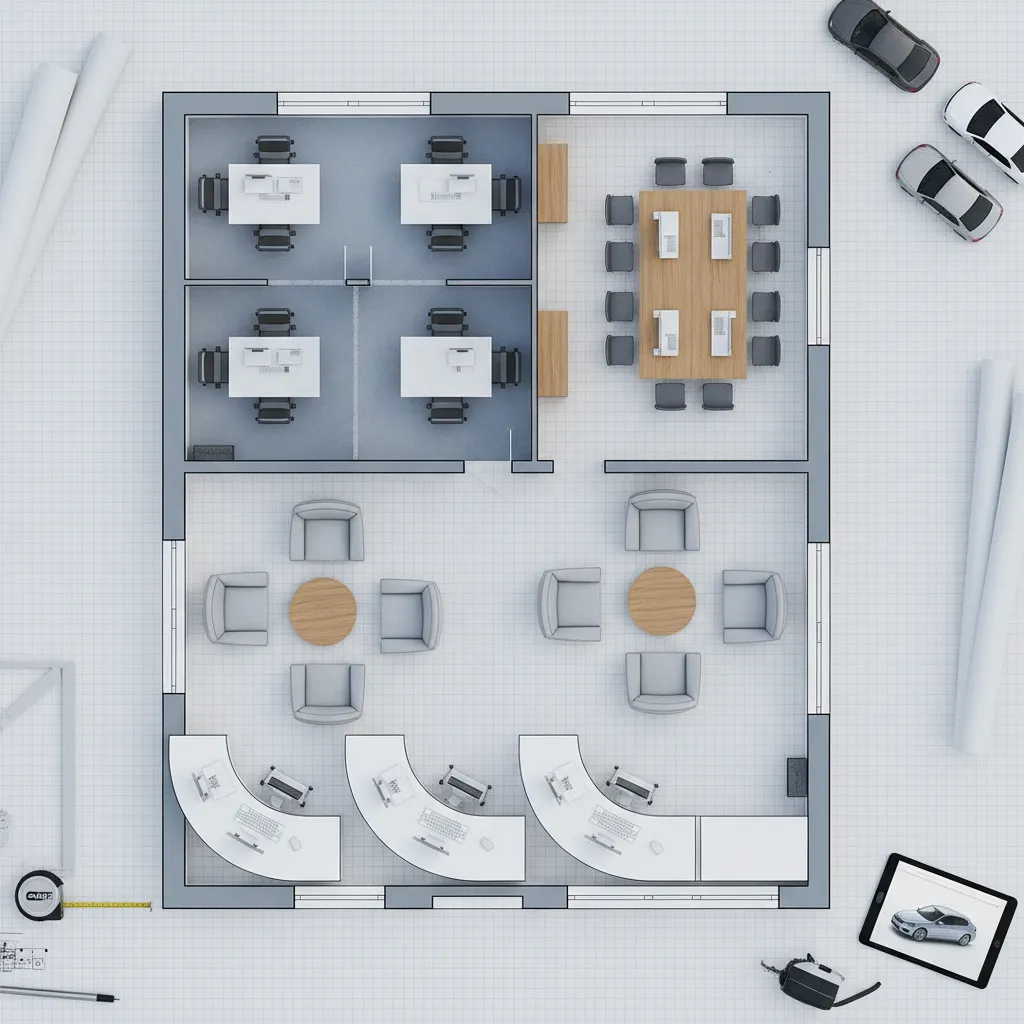 car rental office floor plan layout showing counters and waiting area