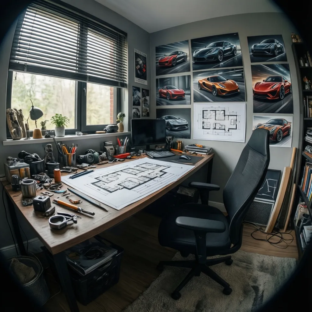 planning layout for car themed room with wall decor placement