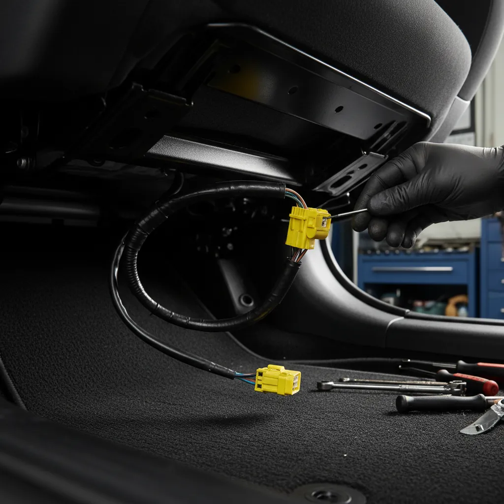 Yellow airbag wiring connector under a car seat