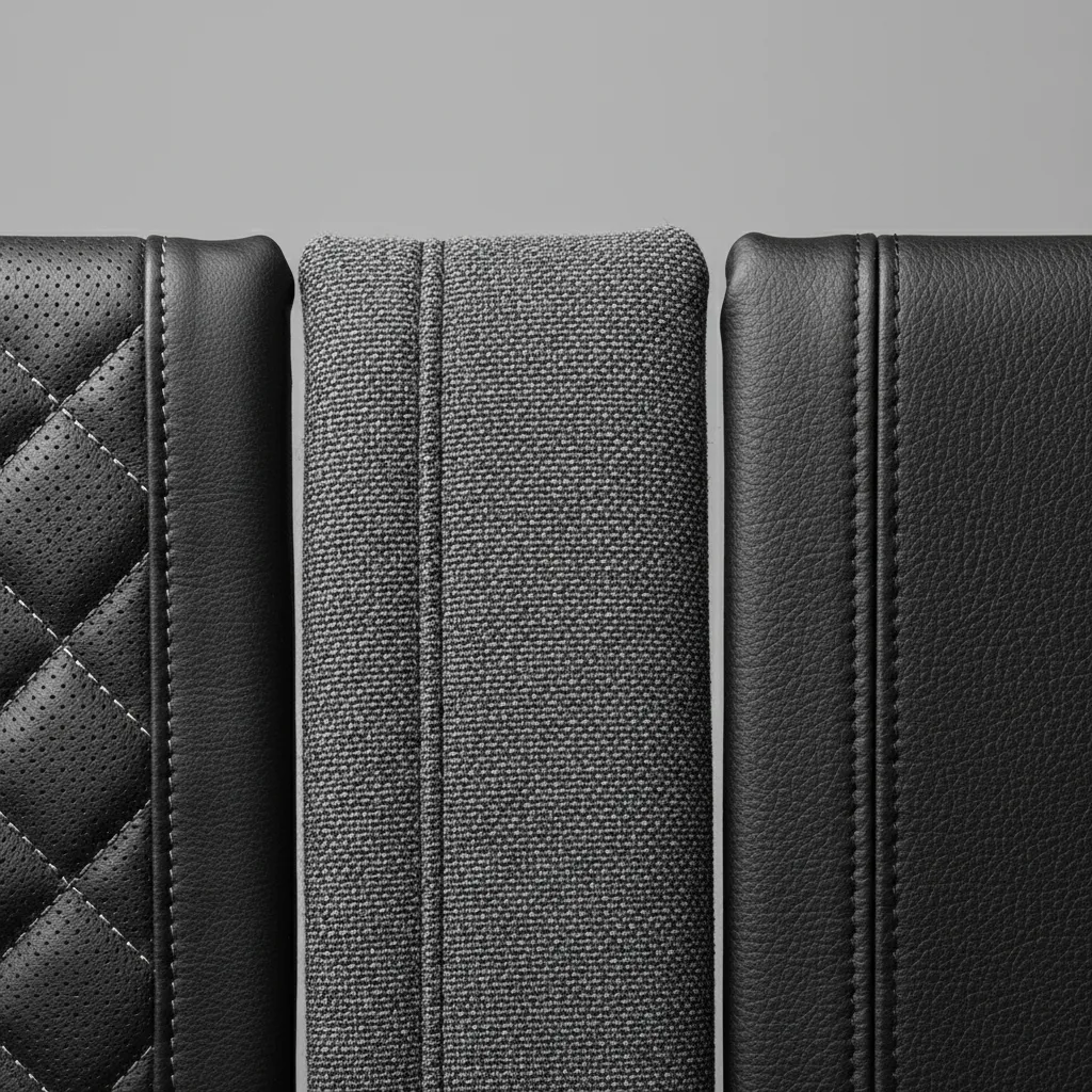 Close up comparison of leather fabric and PU car seat materials