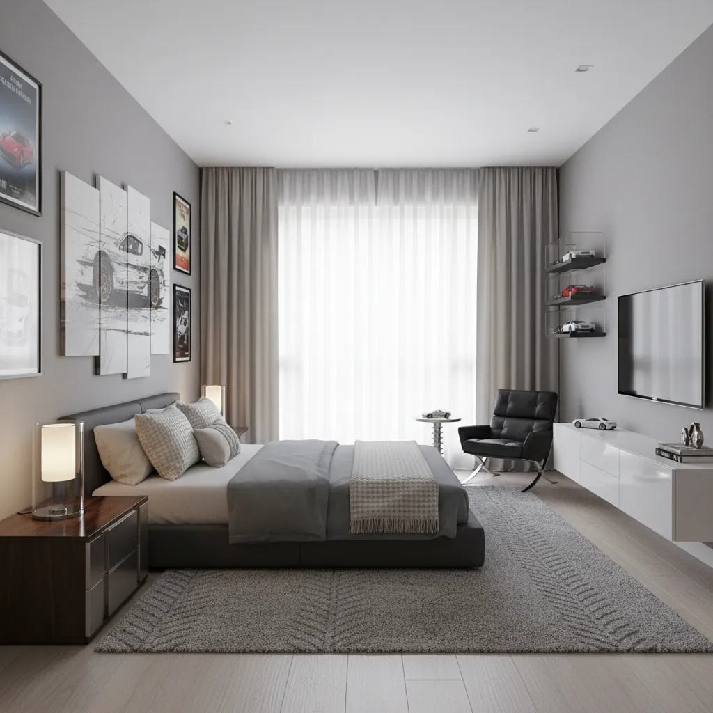 modern car themed bedroom interior with automotive decor elements