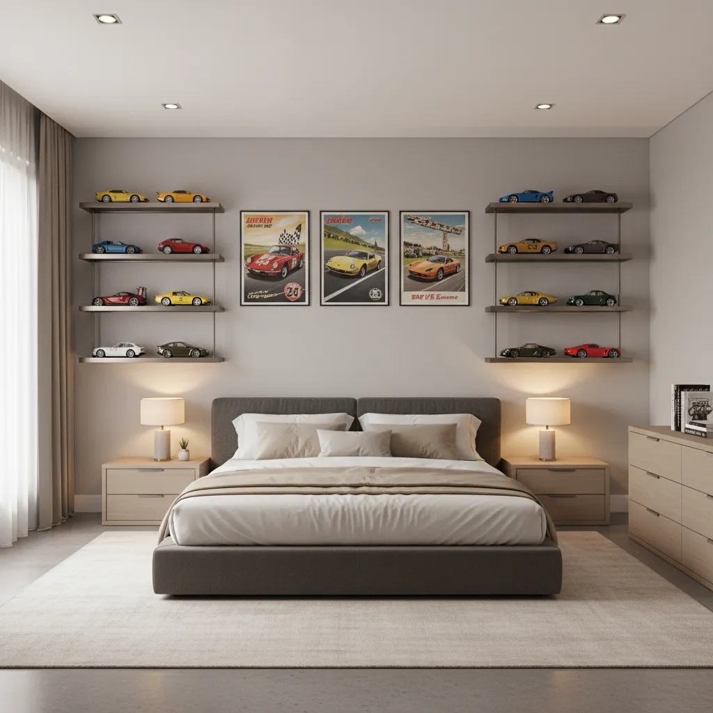 Car themed bedroom with display shelves and racing posters