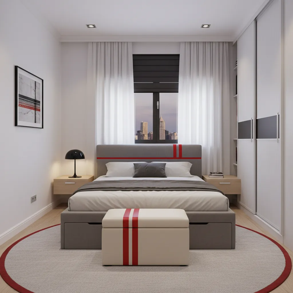 compact bedroom with storage ottoman and subtle racing themed furniture
