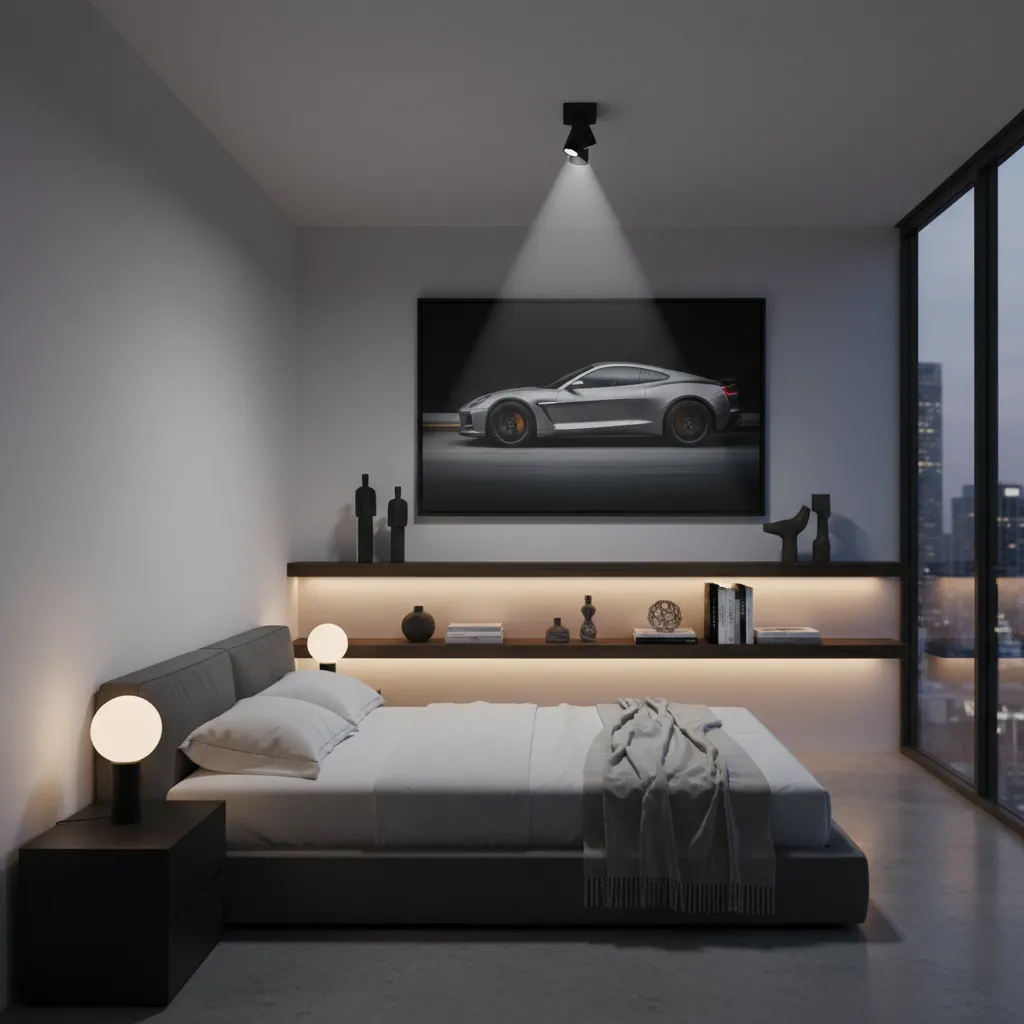 spotlight lighting highlighting framed sports car artwork in a bedroom