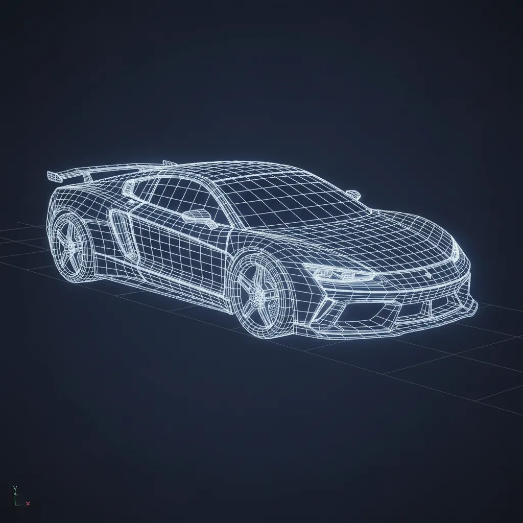 wireframe topology view of a 3D car model showing clean quad geometry