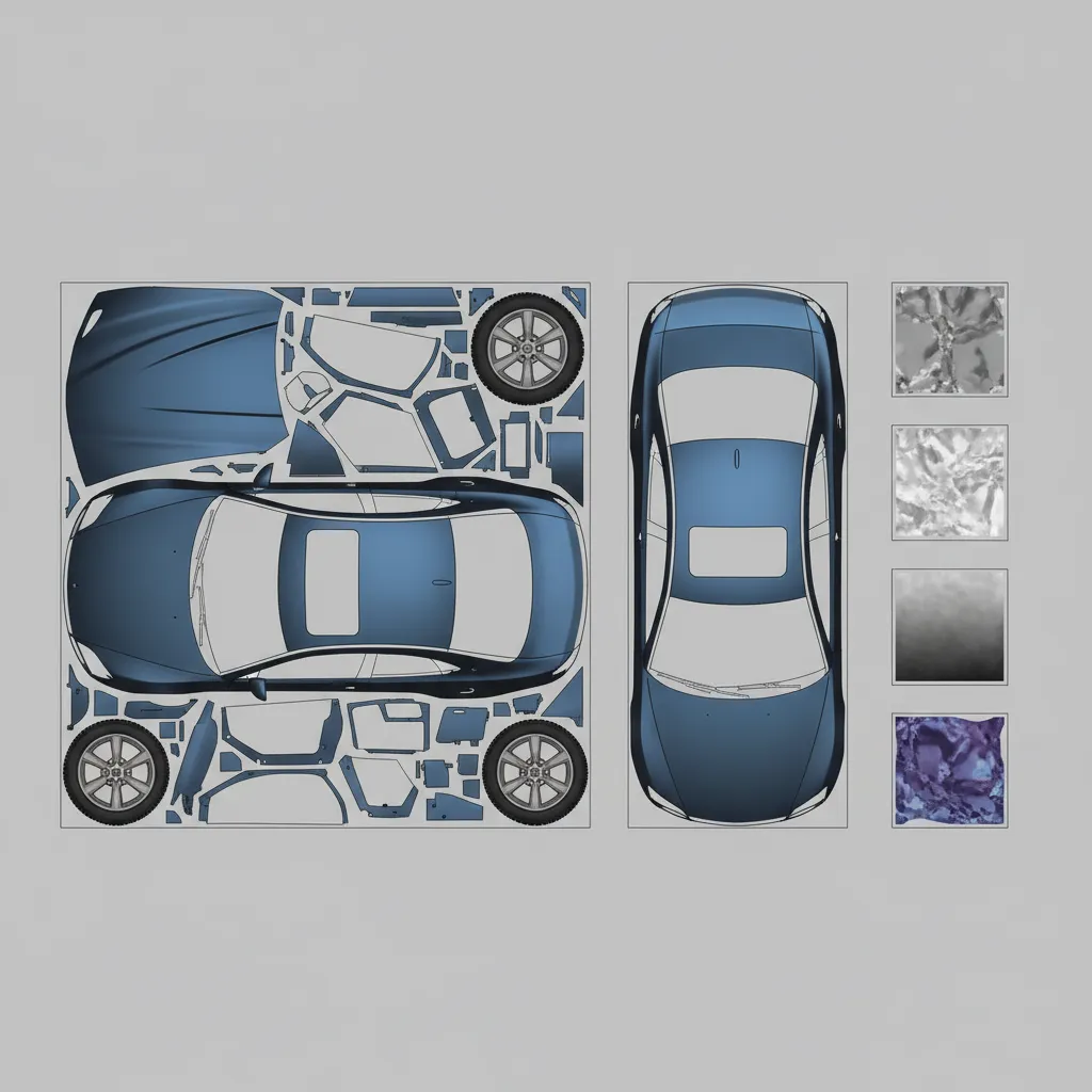 UV mapping layout and texture maps for a vehicle 3D model