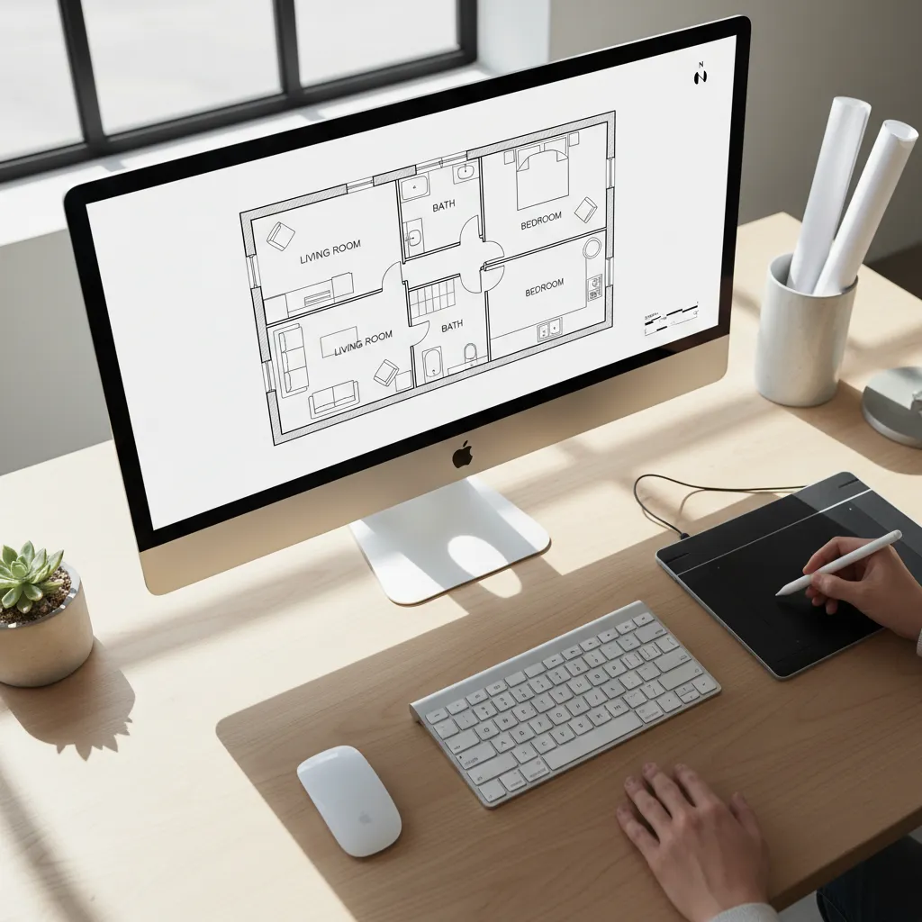 Person using a drawing tablet to design a simple black and white house floor plan