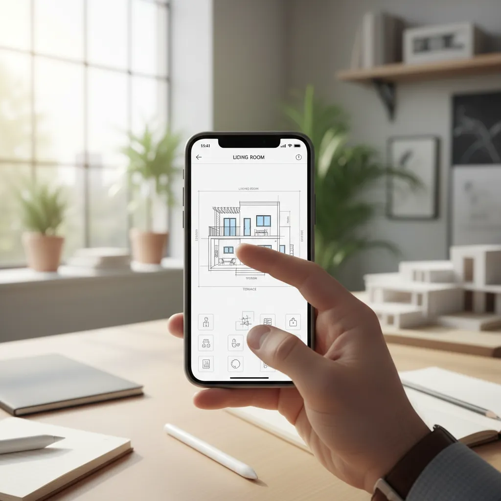 Hand holding smartphone using Coohom floor plan design on wooden desk with a green plant