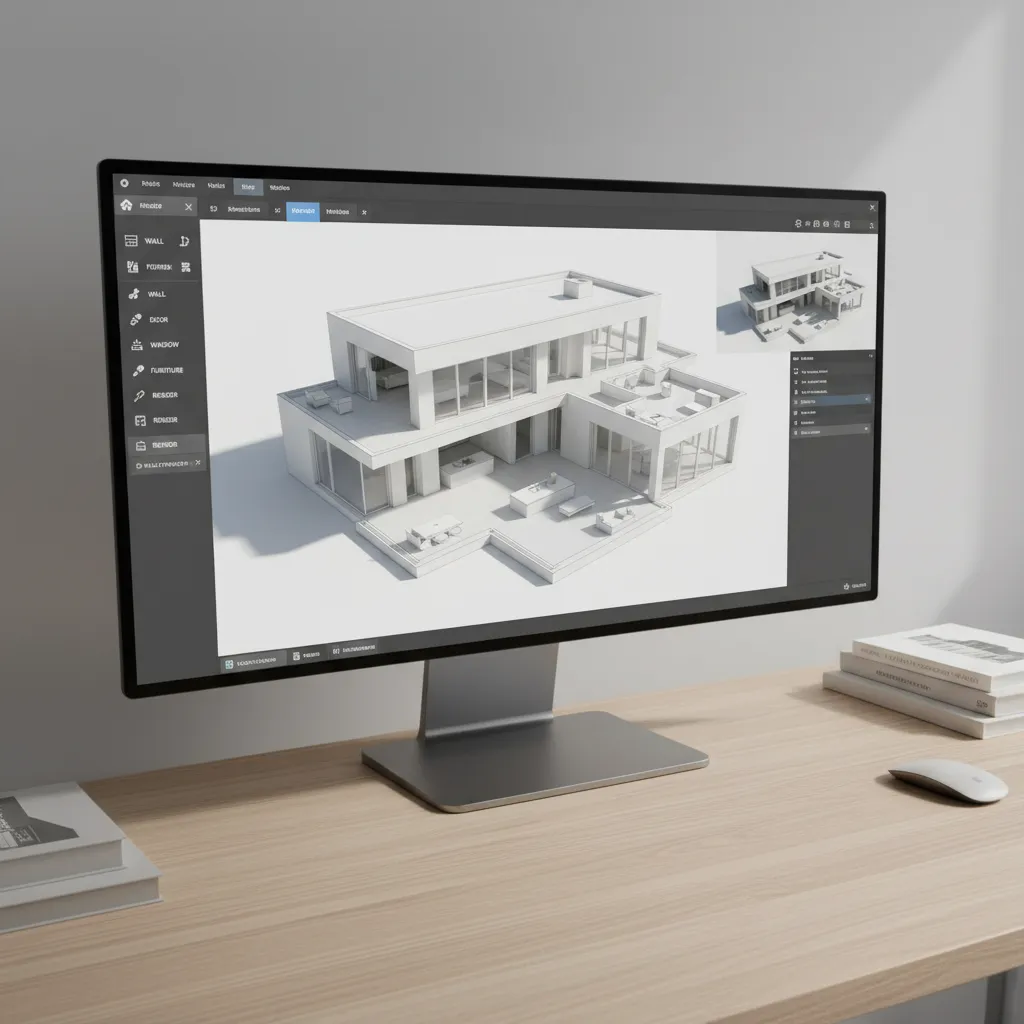 Computer monitor on wooden desk showing 3D interior design drawing of a modern white house