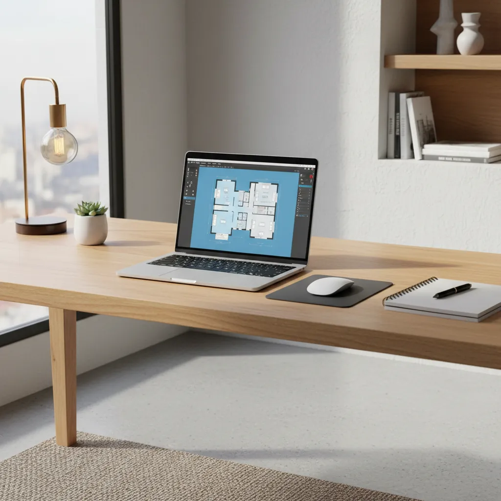 Laptop on wooden desk showing a floor plan design software with a mouse and notebook