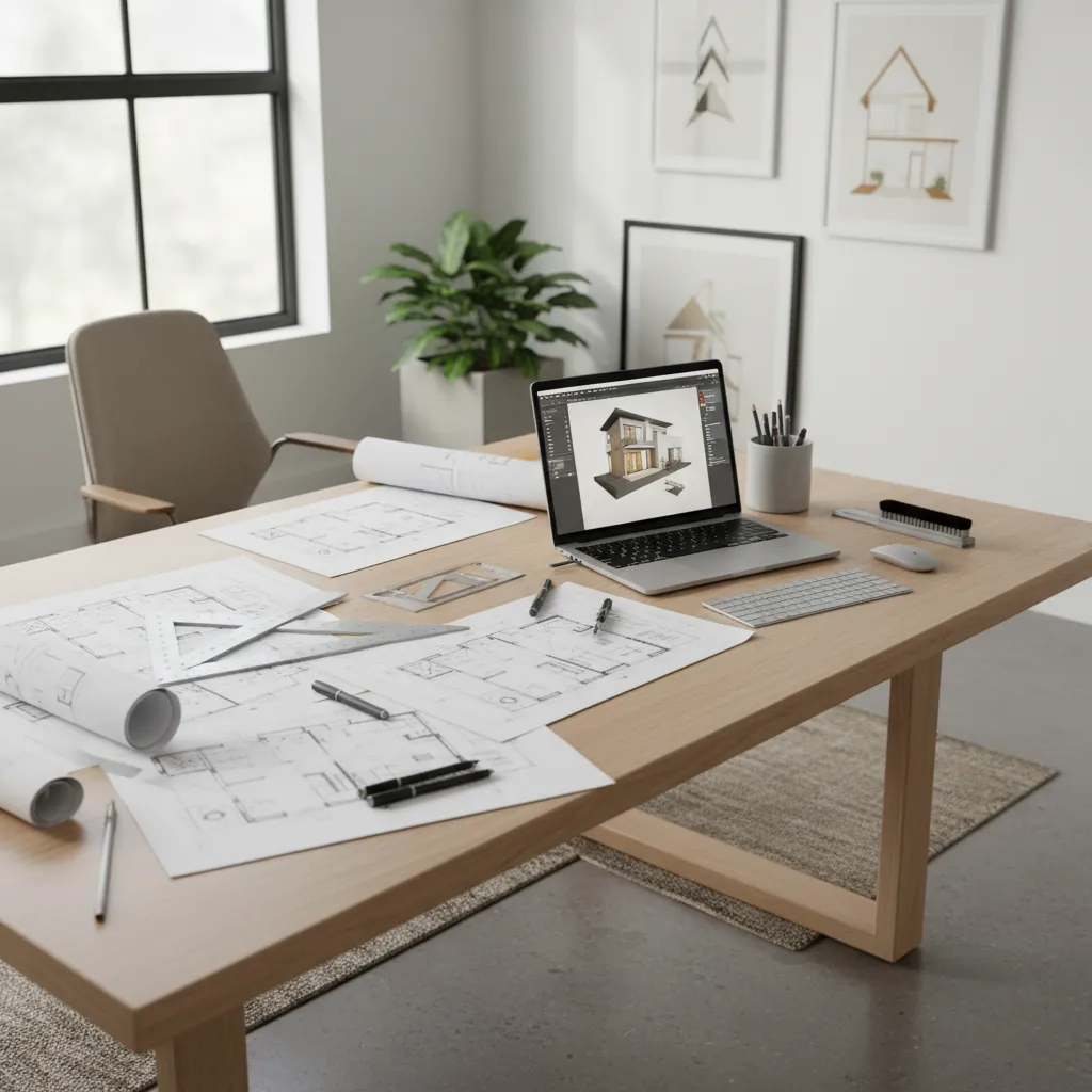 Laptop showing house design next to paper floor plan drawings on a large wooden desk