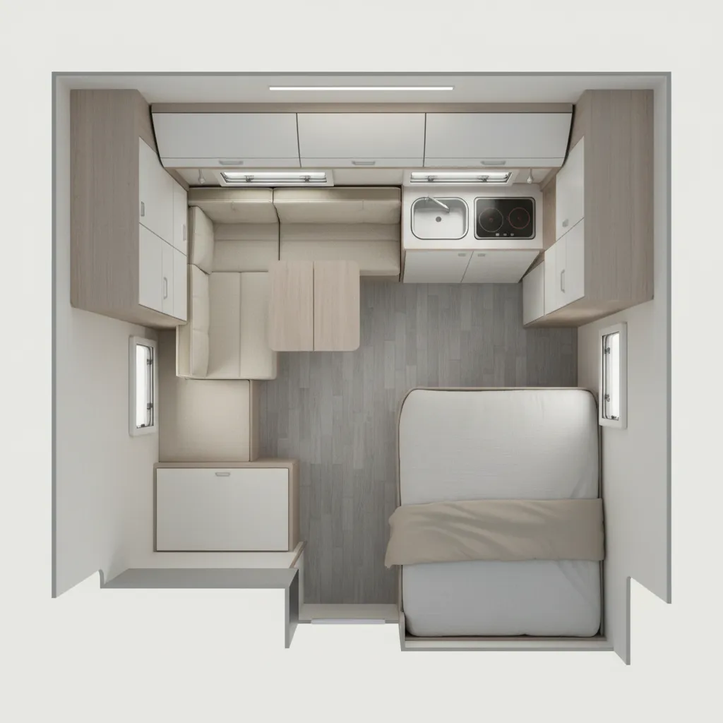 balanced furniture layout inside small caravan interior