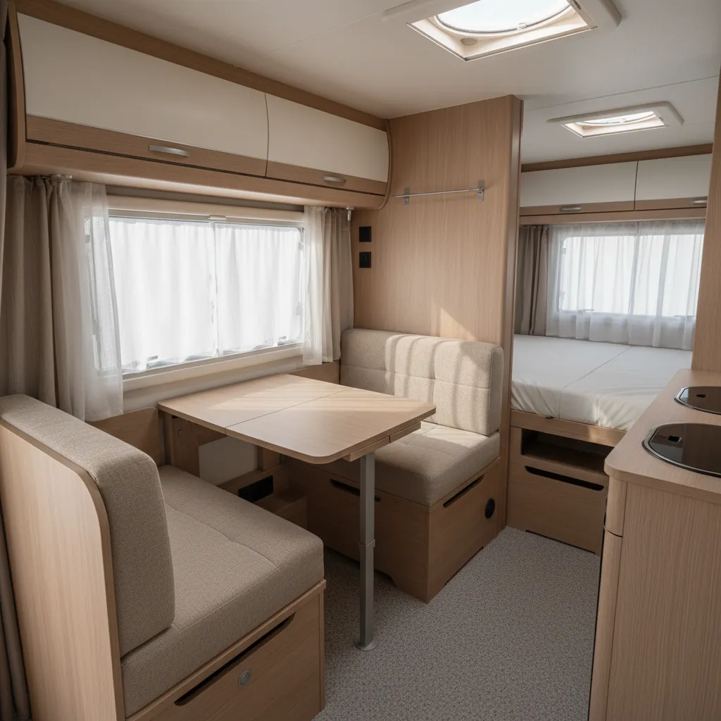 Interior de caravana con diseño funcional y mobiliario compacto
