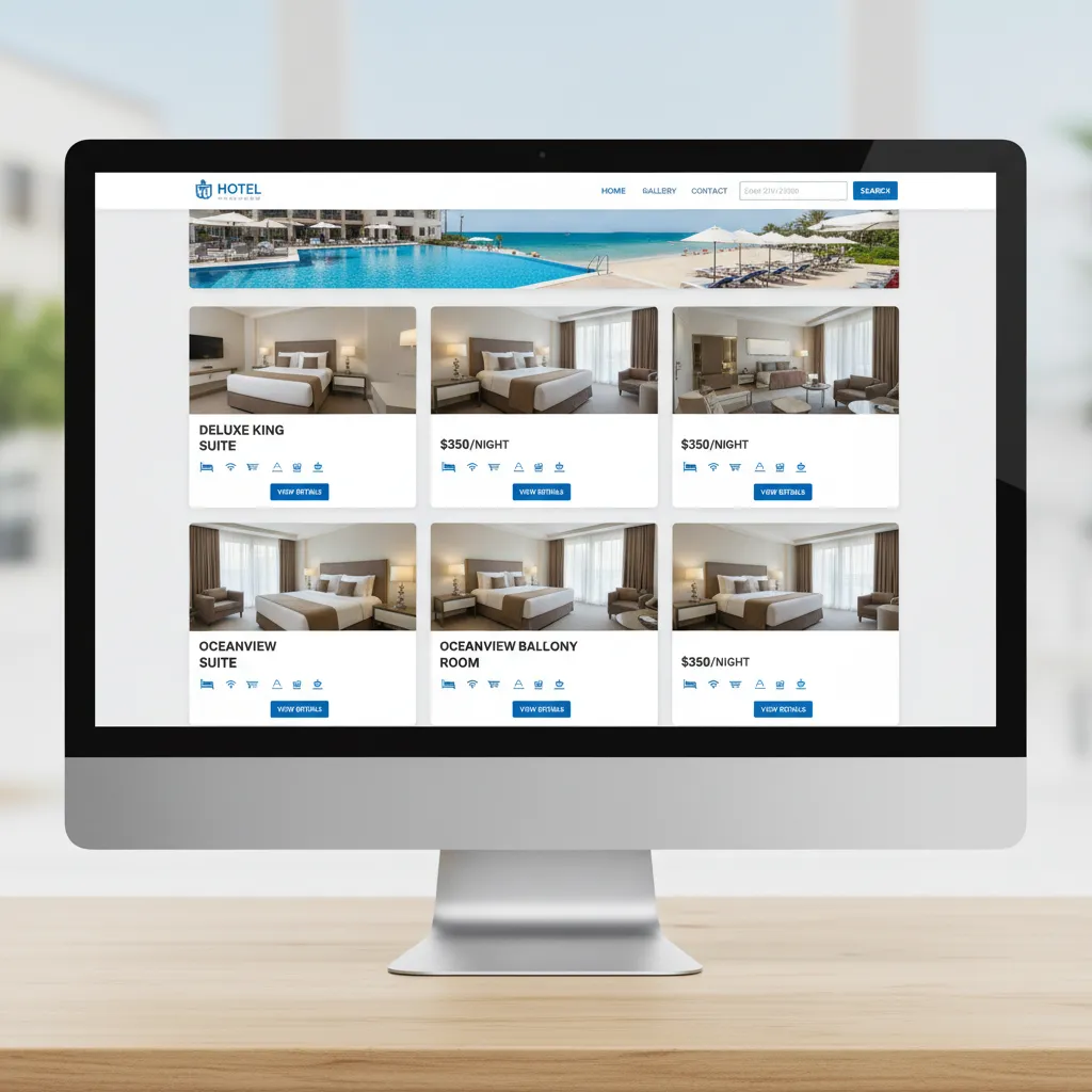 Card based hotel room listing grid showing multiple room cards with images and pricing