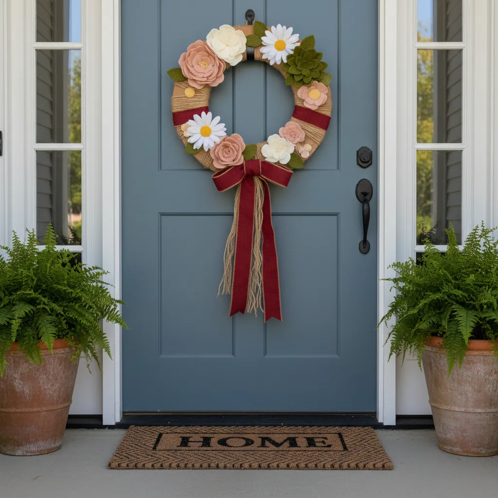 DIY door decoration made from cardboard shapes felt fabric and ribbon