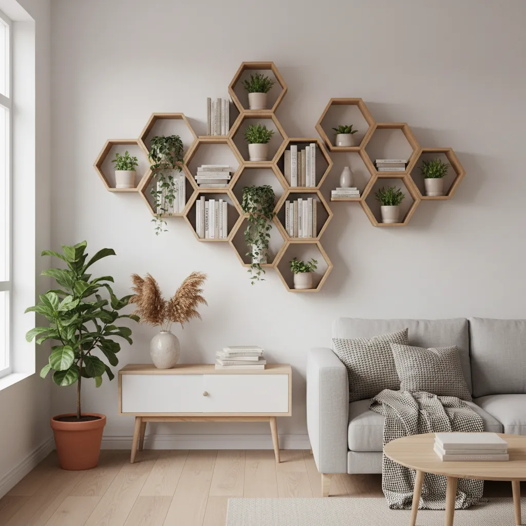 honeycomb cardboard wall shelves used for books and plants