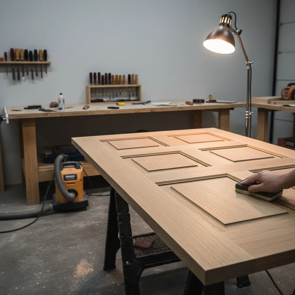 careful hand sanding of door panels preparing for repainting