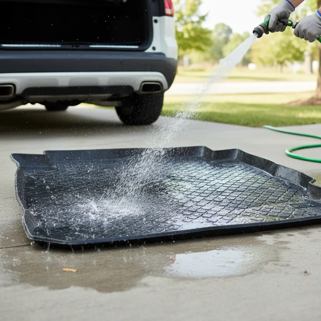 Person using a water hose to spray and clean a black rubber car floor mat