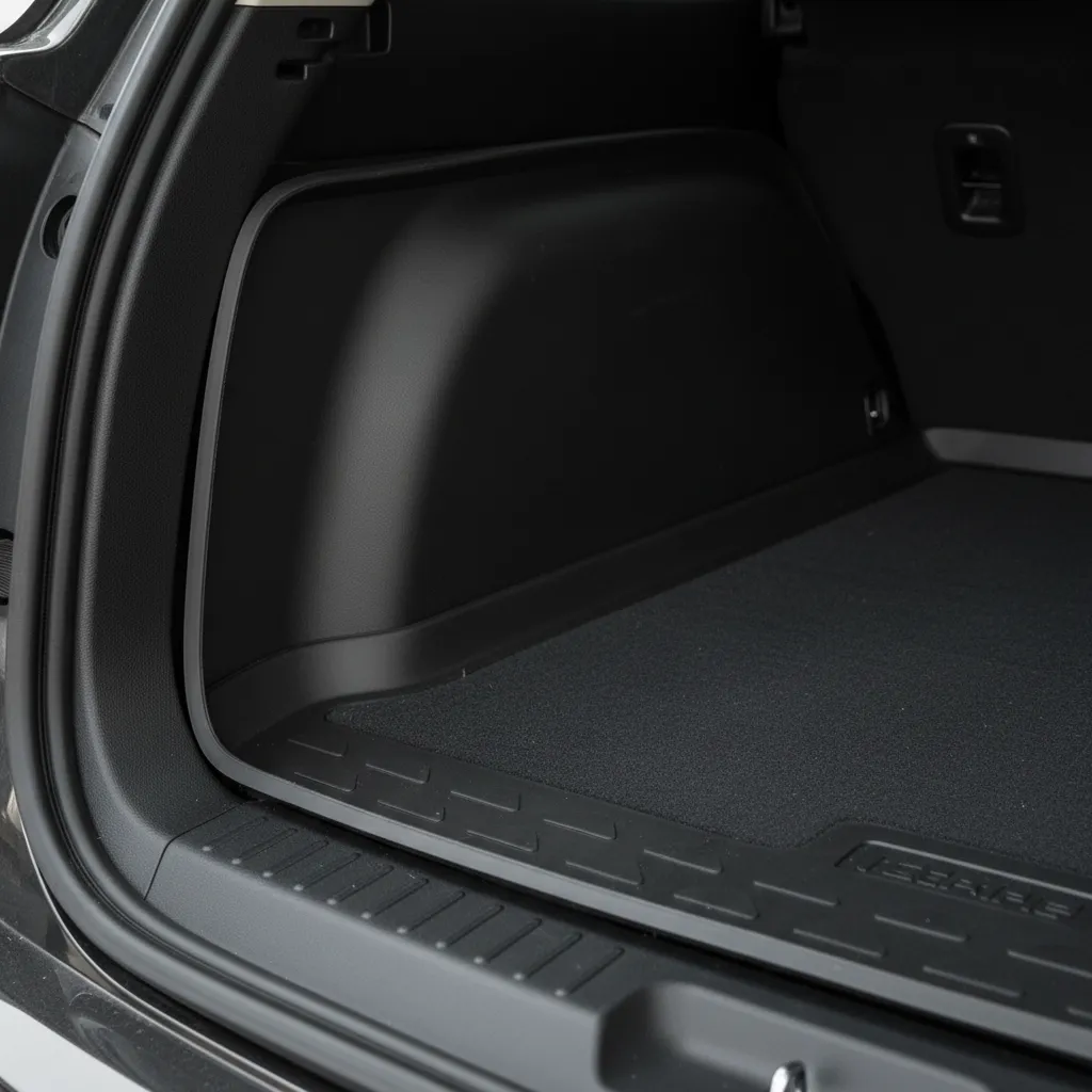 Close up of black rubber trunk mat edge fitting perfectly into a car interior space
