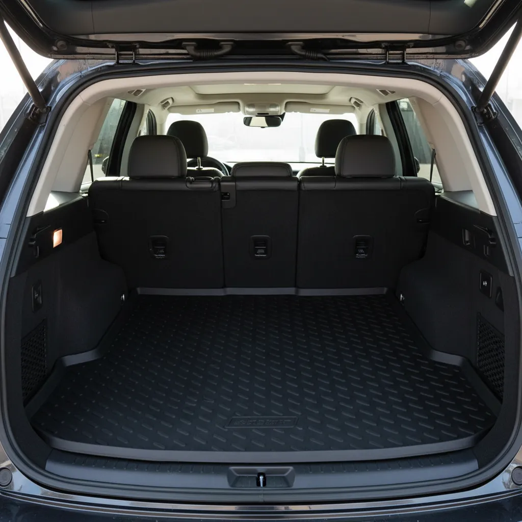 Full view of black rubber trunk mat covering the floor of a modern SUV interior