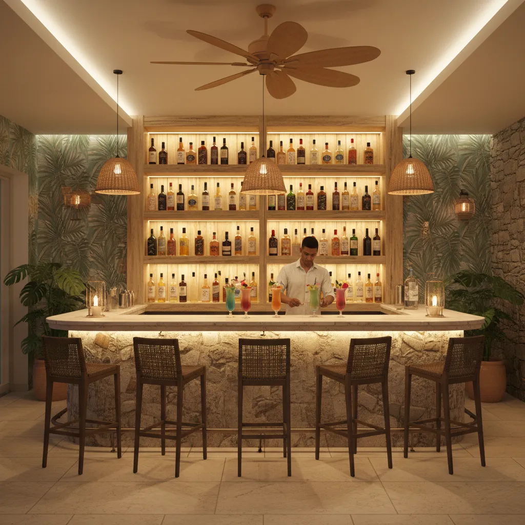 Caribbean restaurant bar serving rum cocktails and island cuisine