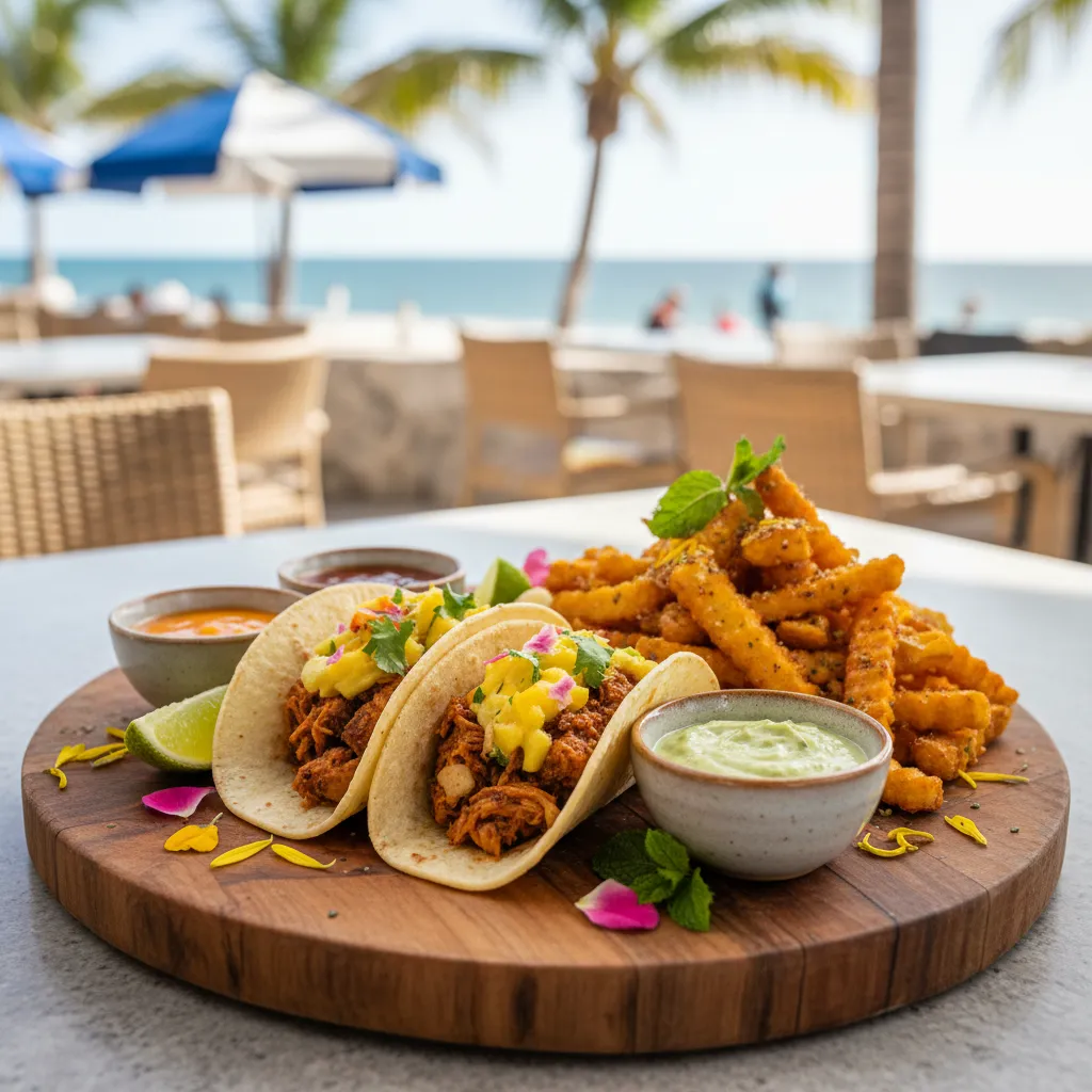 Caribbean fusion street food including jerk chicken tacos and plantain fries