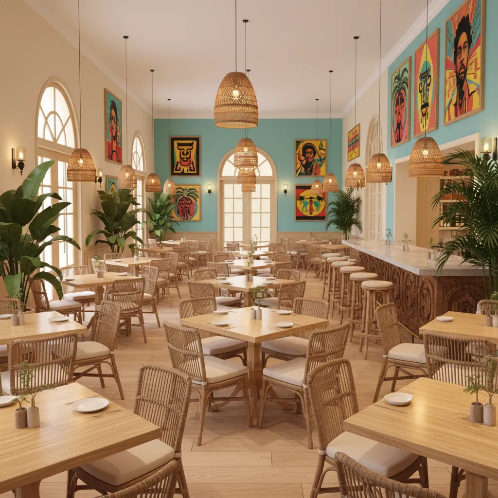 Caribbean themed restaurant dining area with tropical colors and wood furniture