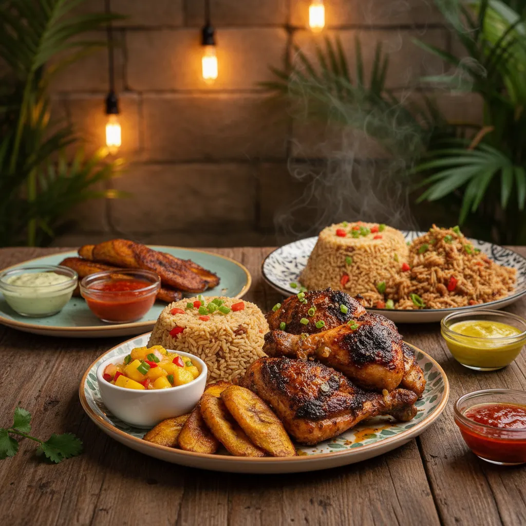 Selection of Caribbean dishes including jerk chicken, rice and peas, and plantains