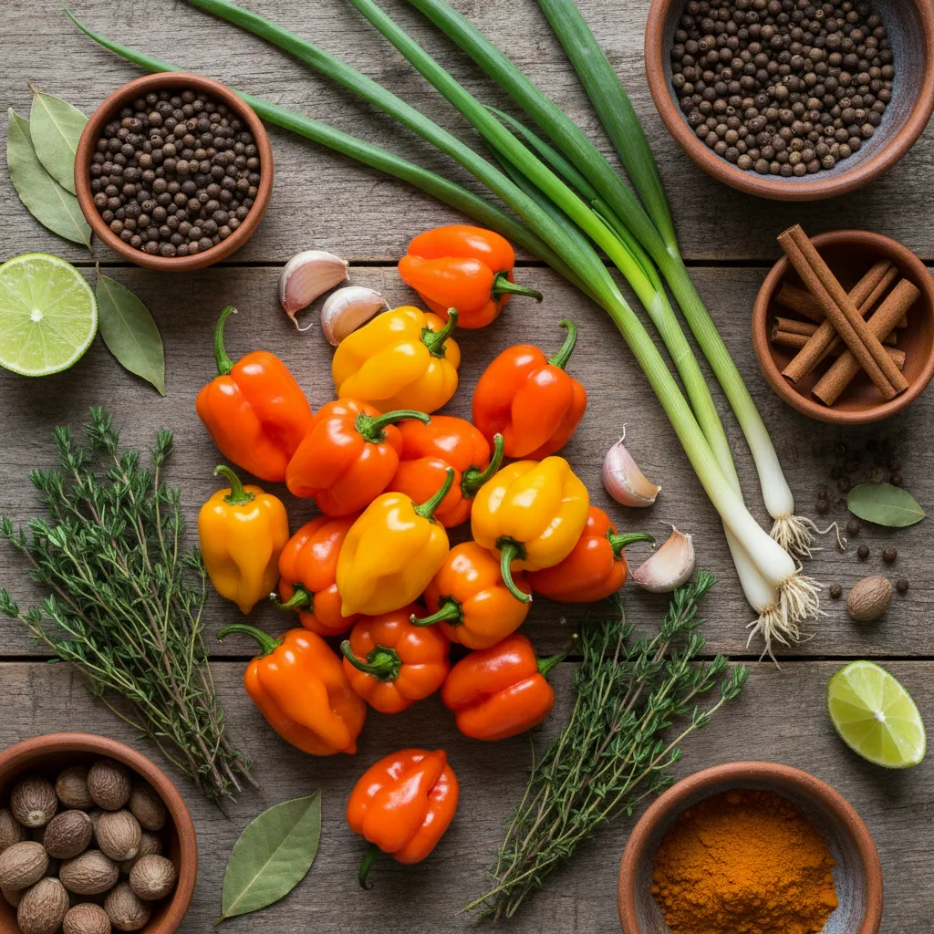 Caribbean cooking ingredients including Scotch bonnet peppers, thyme, garlic, and spices on kitchen table